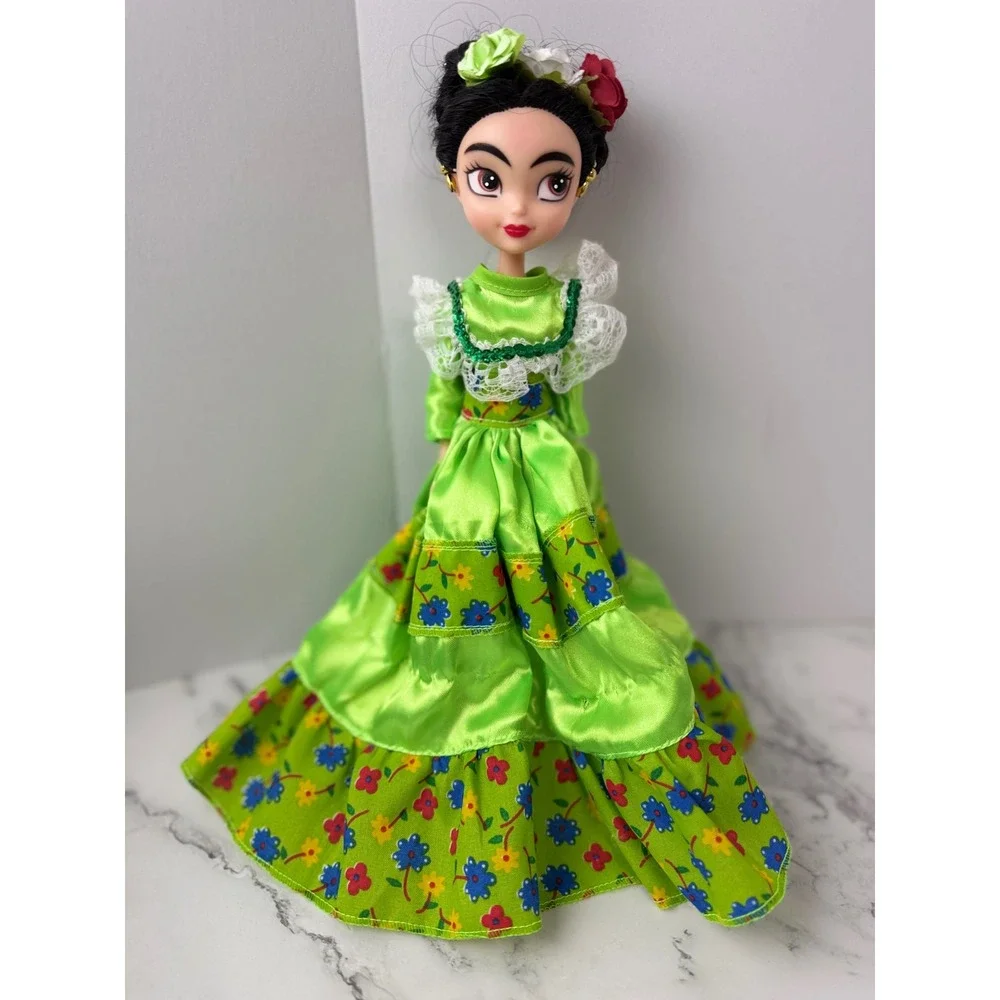 Frida Kahlo Doll Green Dress Earrings Flower Tiara Great Condition